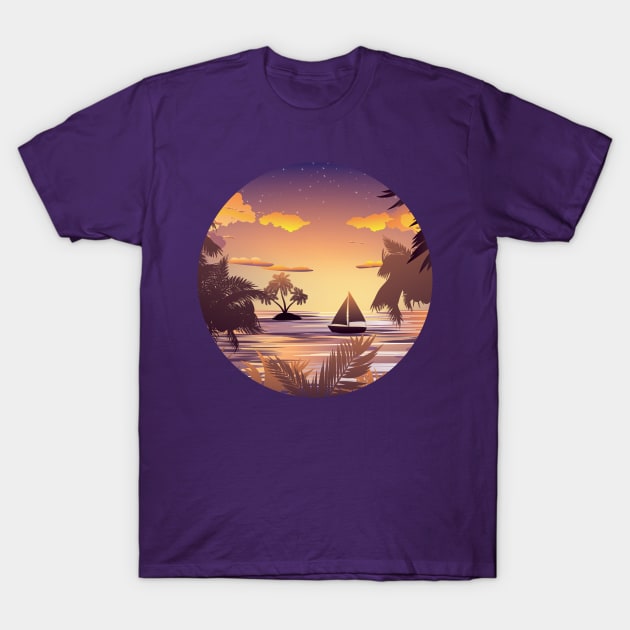 Tropical Island and Sailboat at Sunset T-Shirt by AnnArtshock